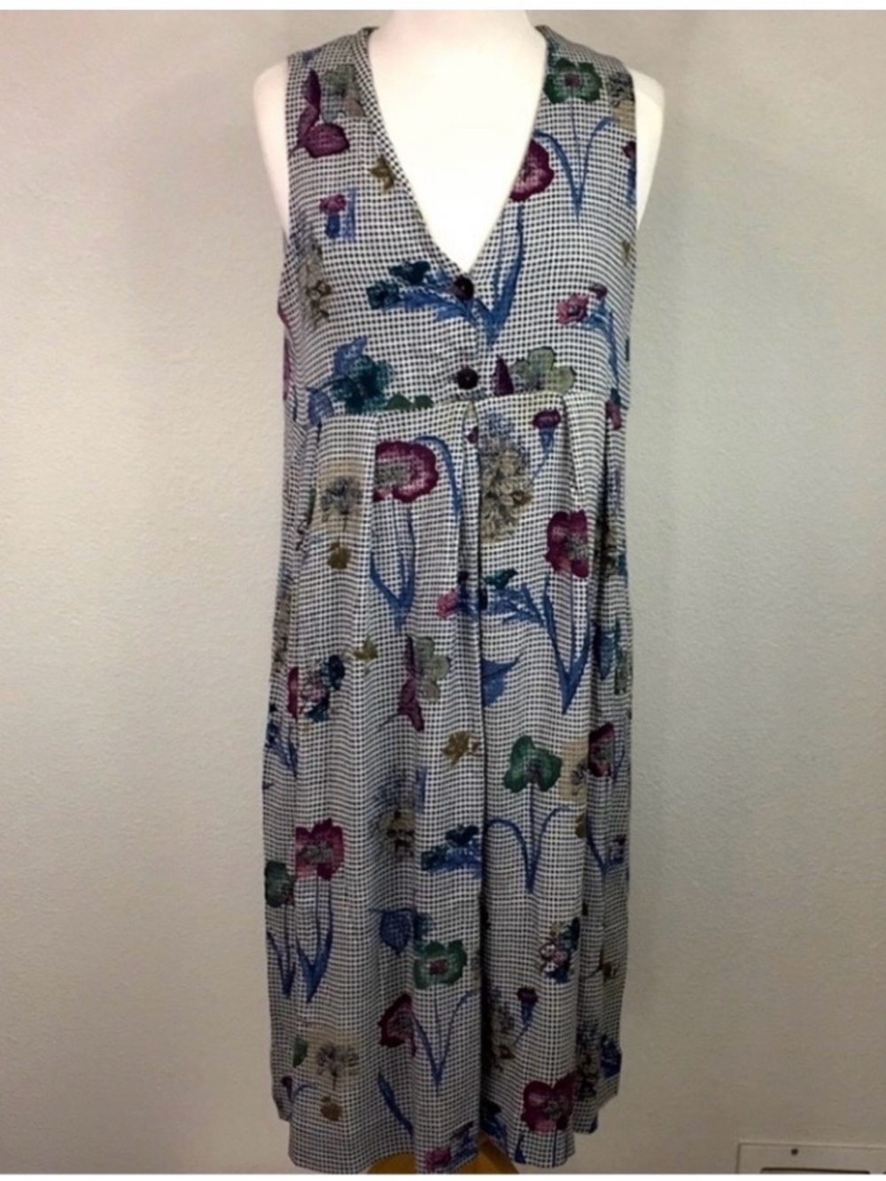 Vintage Womens Gray Floral Polka Dot V Neck Sleeveless Midi Dress Size Medium - Picture 2 of 7